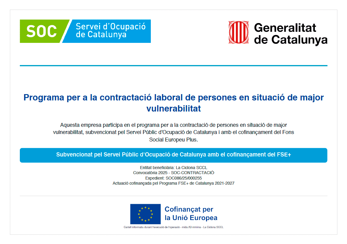 La Ciclona SCCL participa en el programa per a la contractació laboral